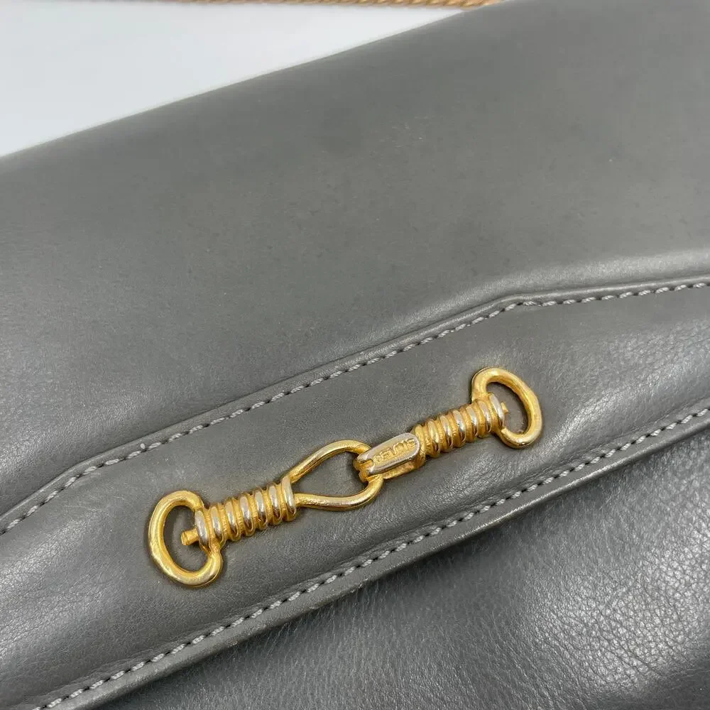 Celine Vintage Gray Leather Crossbody Bag Purse WOC Wallet on Chain Mini Clutch